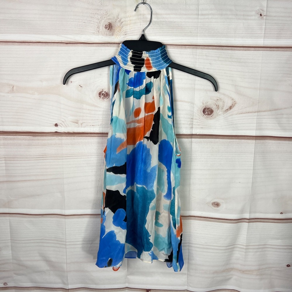 Gilner Ferrar Top Women XS Blue Orange Artsy Xenia Blouse Smocked Mock Neck